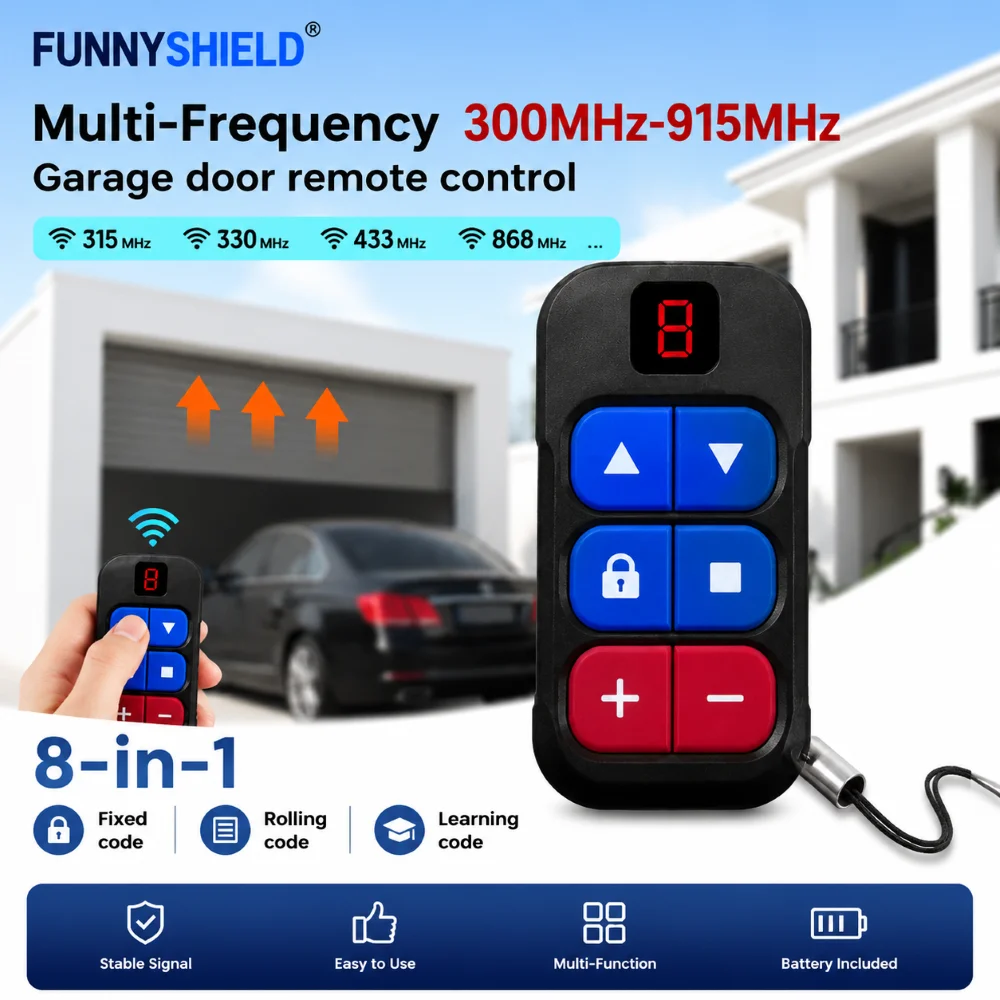 FUNNYSHIELD 8 in 1 Universal Garage Door Remote Controller Rechargeable 433Mhz Gate Key Duplicator Multi-frequency 300-915 MHz