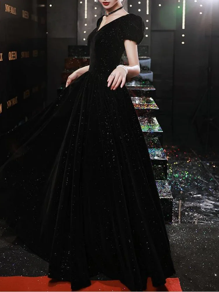 Customized Black Velvet Generous Evening Dresses V-neck Puff Sleeve Cross Lace Up Back Prom Vestidos 2024 Summer Slim Waist Part