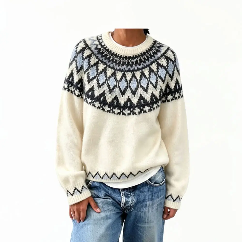 Vintage Fair Isle Sweater Women Winter Pullover Knit O Neck Loose Casual Long Sleeve Geometric Pattern Pullover Tops