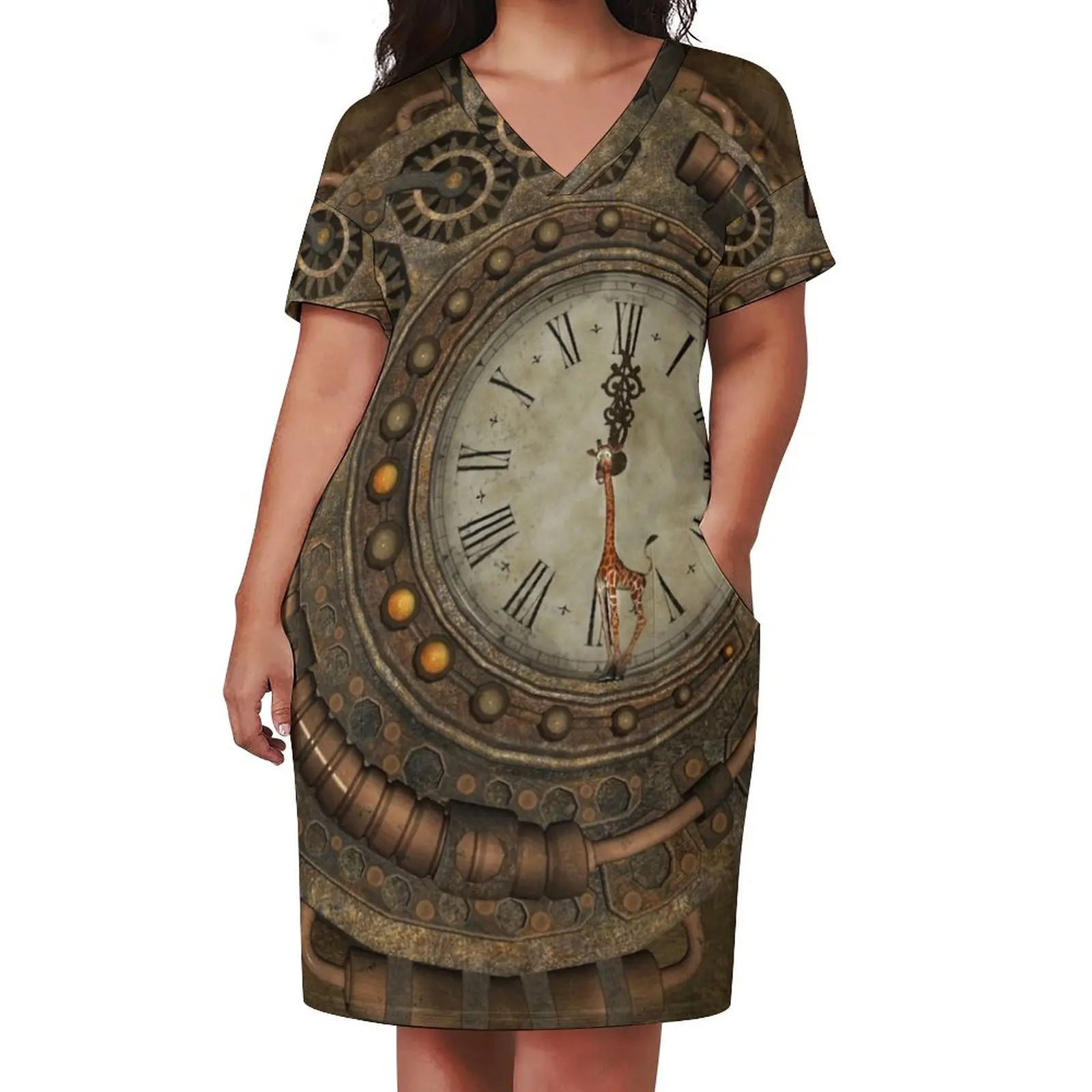 Steampunk, awesome clock Loose Pocket Dress long sleeve dress women evening dress