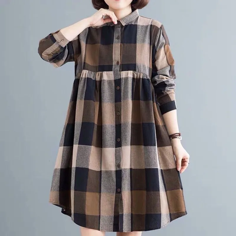 Spring Arts Style Women Long Sleeve Turn-down Collar Loose Shirt Dress Vintage Plaid single-breasted Knee-length Dresses P159