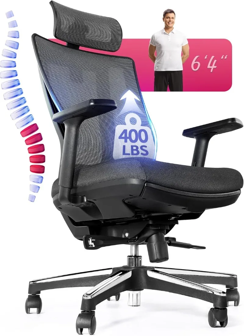 Office Chair for Back Pain Relief and Long Sitting, 400LB Capacity, Big & Tall Home Desk Chair with 17.8in Max