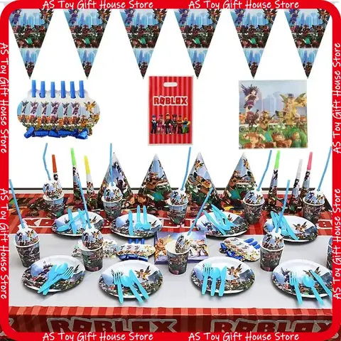 Virtual Game Roblox Party Supplies Complete Set Theme Paper Plates Cups Hats Banners Cutlery For Birthday Decorations Toys Gift