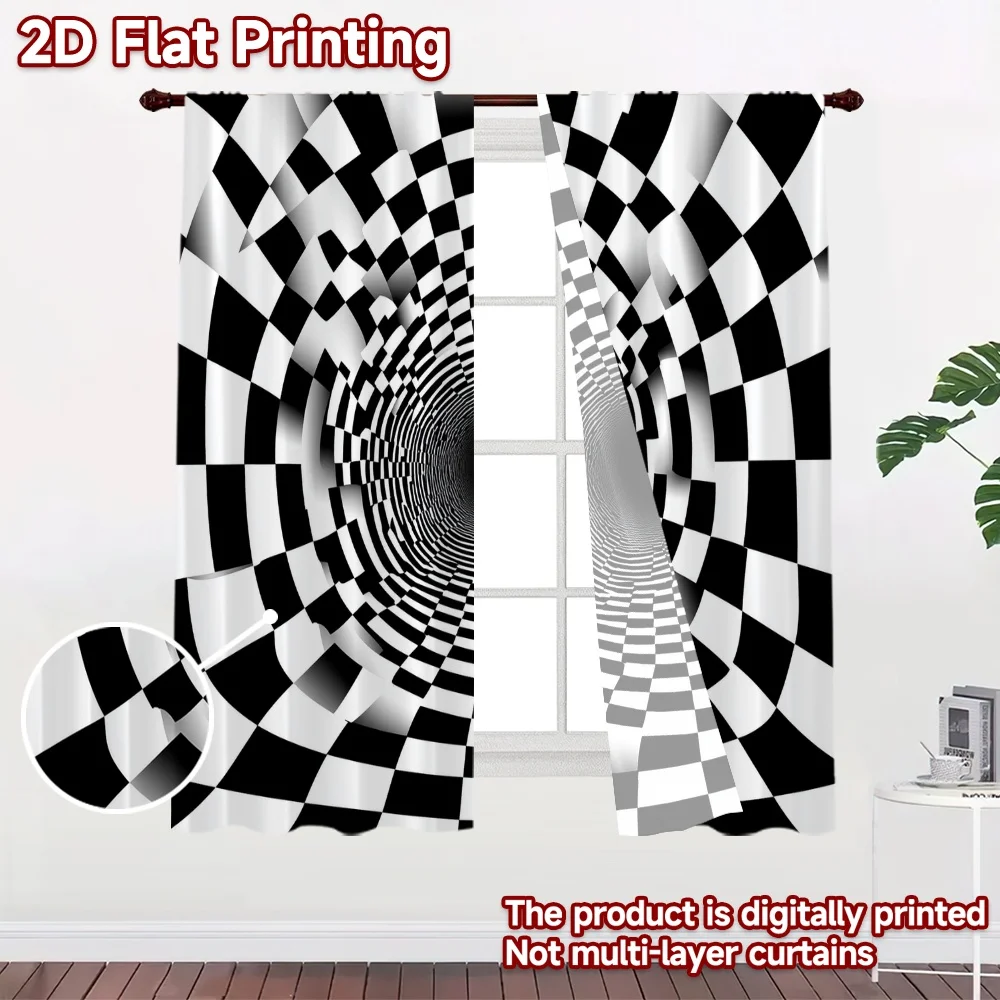 2D flat 2pcs Curtain Vintage drapes and curtains Black White Checker Tunnel Digitally printed polyester Party & Holiday Decor