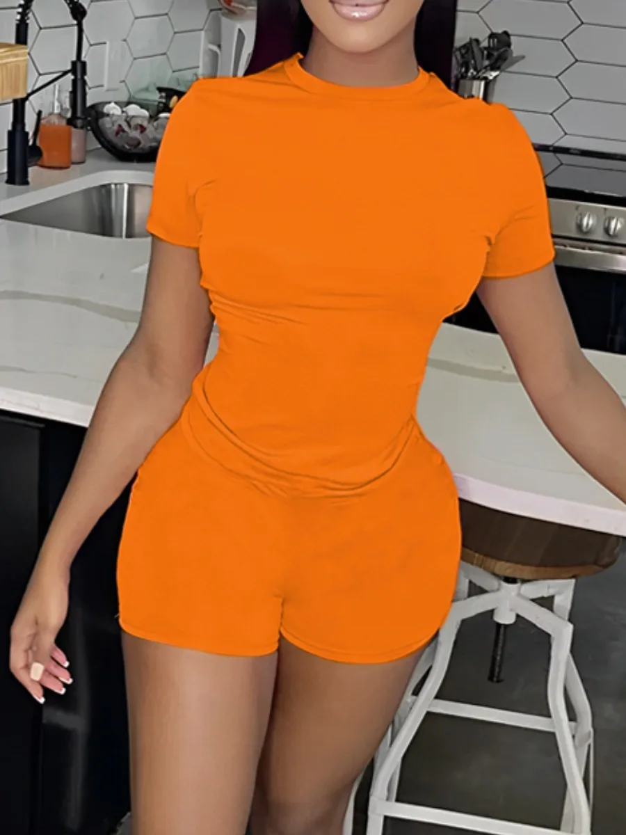 LW BASICS Plus Size Two pieces sets Round Neck Skinny Stretchy Shorts Set casual summer short sleeve T-shirt + shorts sets