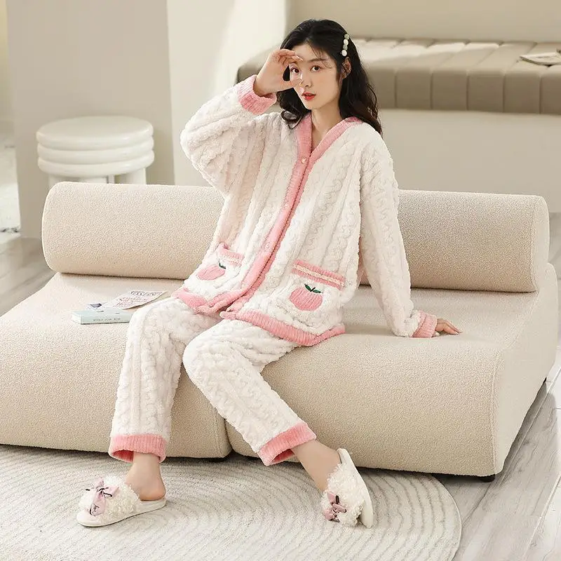 V-neck Honey Peach Two Piece Sleepwear Comfortable Cotton Fur Home Women's Long Sleeve Pants Autumn And Winter New Thickened