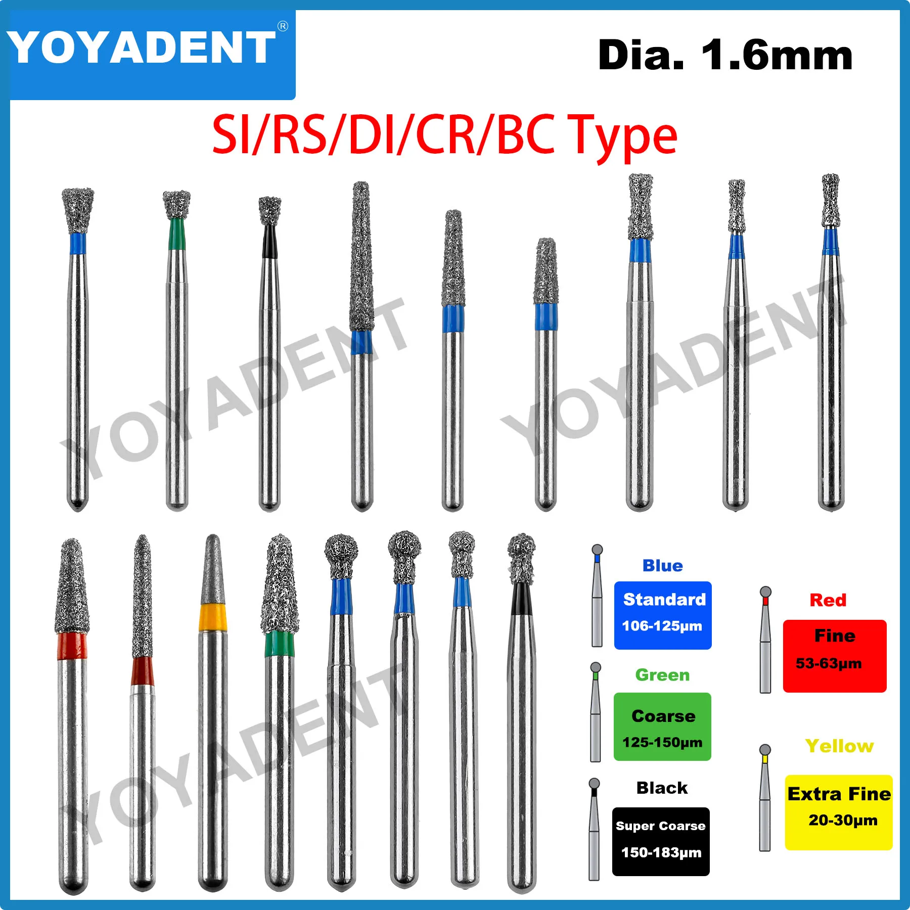 Dental-Diamantbohrer FG 1,6 mm SI RS DI CR BC Typ für Hochgeschwindigkeits-Handstücke zum Polieren und Schleifen, Zahnarztwerkzeuge, 10 Stück/Packung
