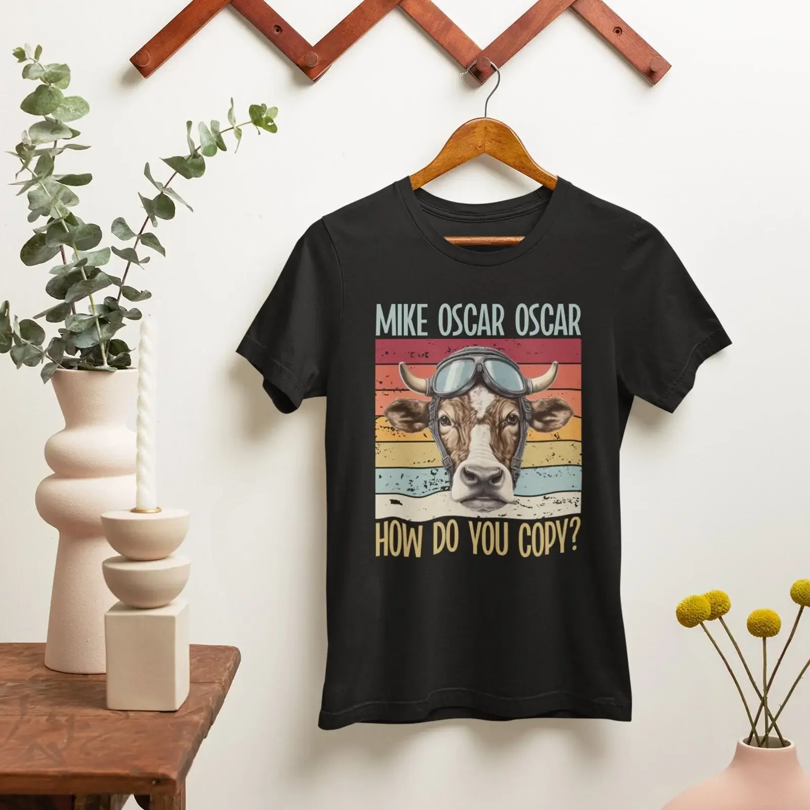 Funny Cow Pilot Mike Oscar How Do You Copy Retro T Shirt Cattle Farmer Rancher for Aviation Lover vintage Washed Comfortable