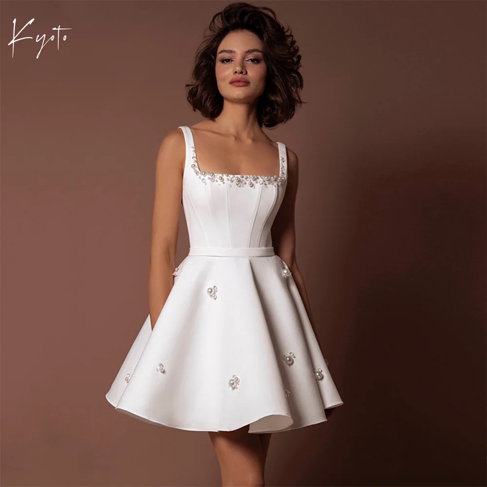 

Kyoto Customized Square Neckline Pearl Embellished Wedding Dress Spaghetti strap A-Lineفستان زفافHigh Waist Short Abito da sposa