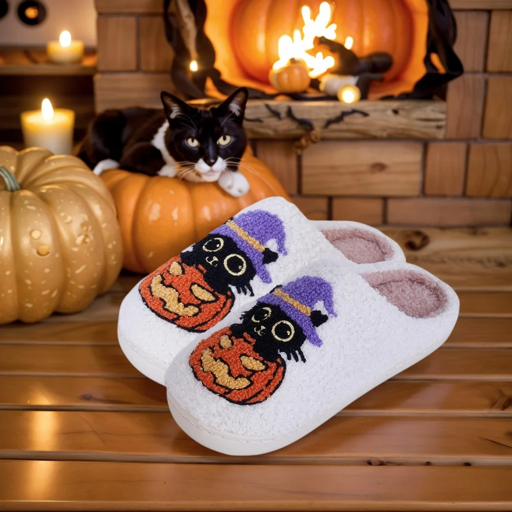 

Black Cat Pumpkin Warm Slip-on House Shoes Comfortable Soft Furry Slipper Non-Slip Fuzzy Closed Toe Slippers for Indoor Bedroom