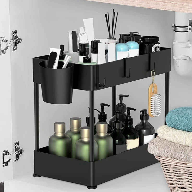 

Under Sink Organizers And Storage, Bathroom Organizer Under Sink, 2-Tier Organizer With 4 Hooks, Under Bathroom Sink