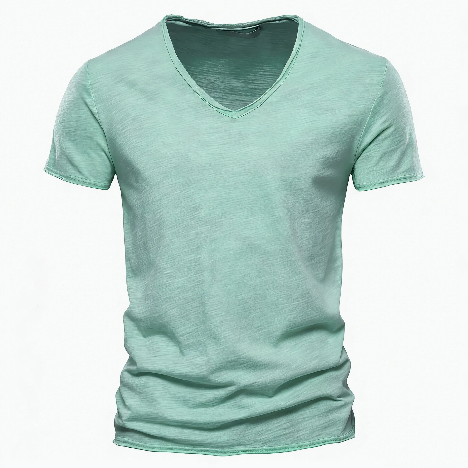 Slub Cotton V‑Neck Cotton Men T-shirt V-neck Fashion Design Slim Fit Soild T-shirts Male Tops Tees Short Sleeve T Shirt For Men