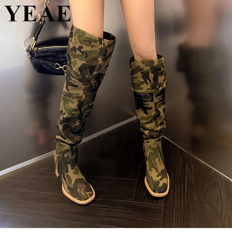 New Camouflage Denim Thigh High Boots Women Round Toe Thick High Heel Over-the-Knee Boots Winter Slip On Long Women\'s Boots 2024