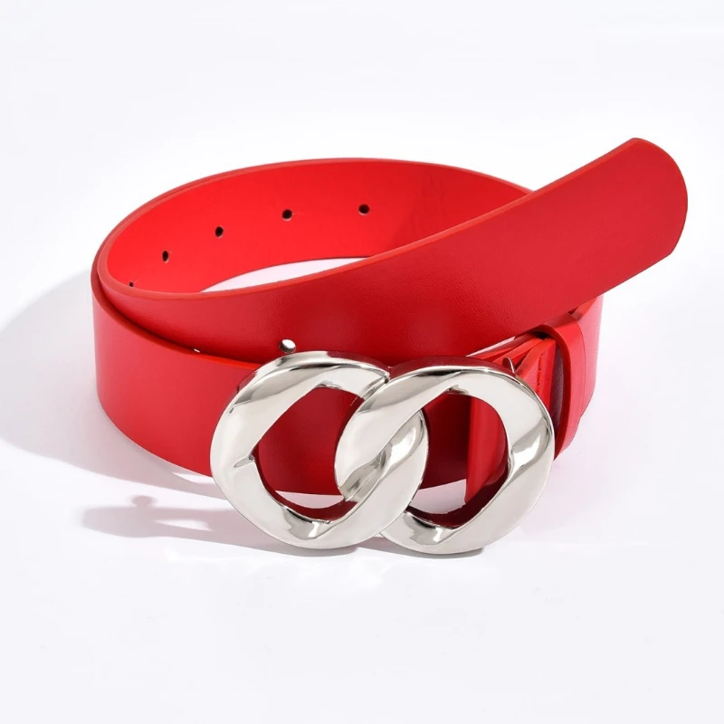 New Double Circle Chain Buckle Basic Style Black Glossy Pu Belt Ladies Cross-Border Hot Selling All-Match Spot Belt