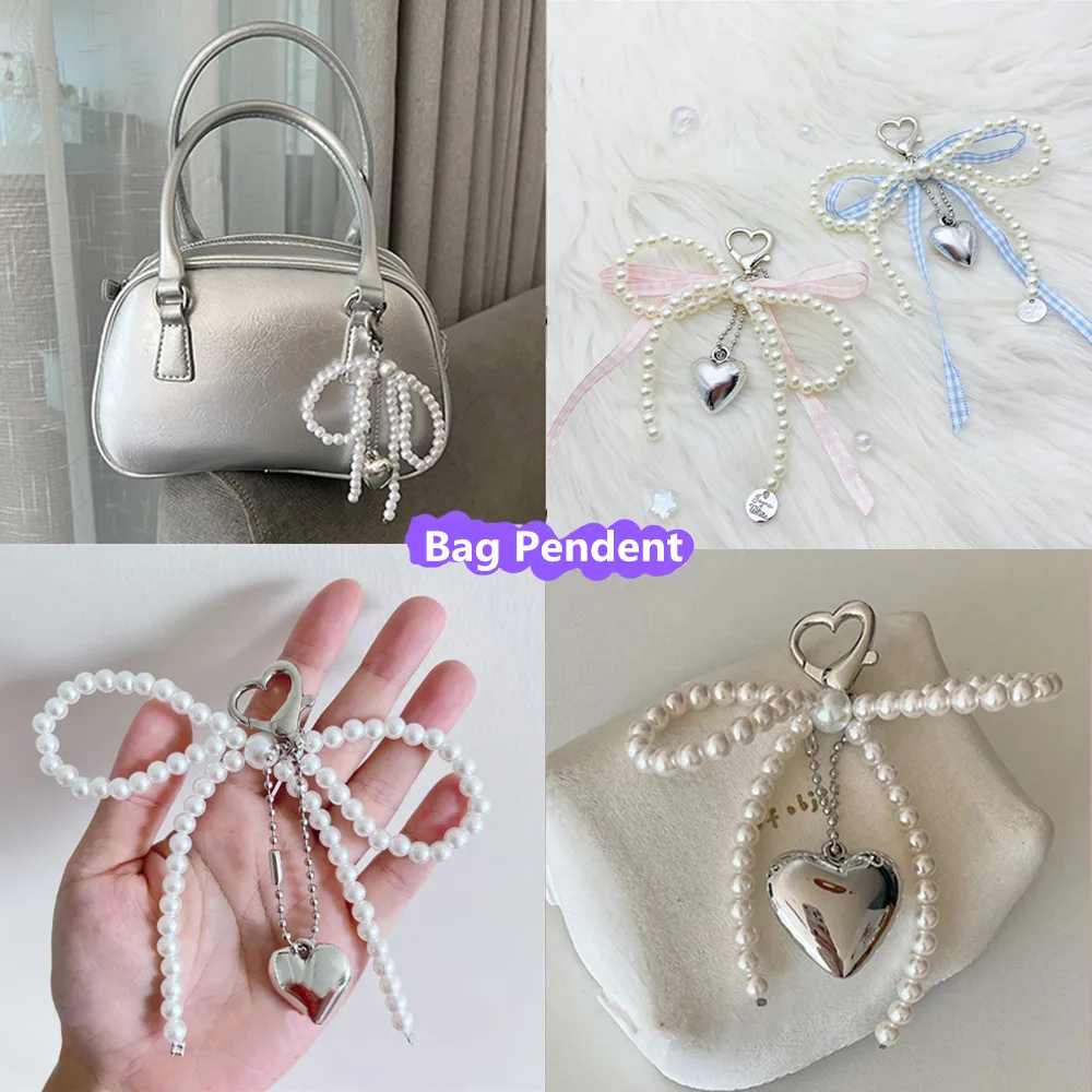 Sweet Bowtie Pearl Bag Pendant Key Fob Holder Keychain Bag Hanging Bag Decoration Trinket DIY Girls Heart INS Pearl Keyring