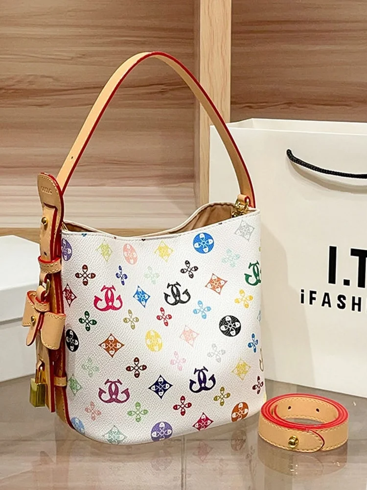Hong Kong Luxury New Style Nurse Bag Women's Wide Single Shoulder Underarm Bucket Bag Versatile Quality Floral Print Makeup Bag