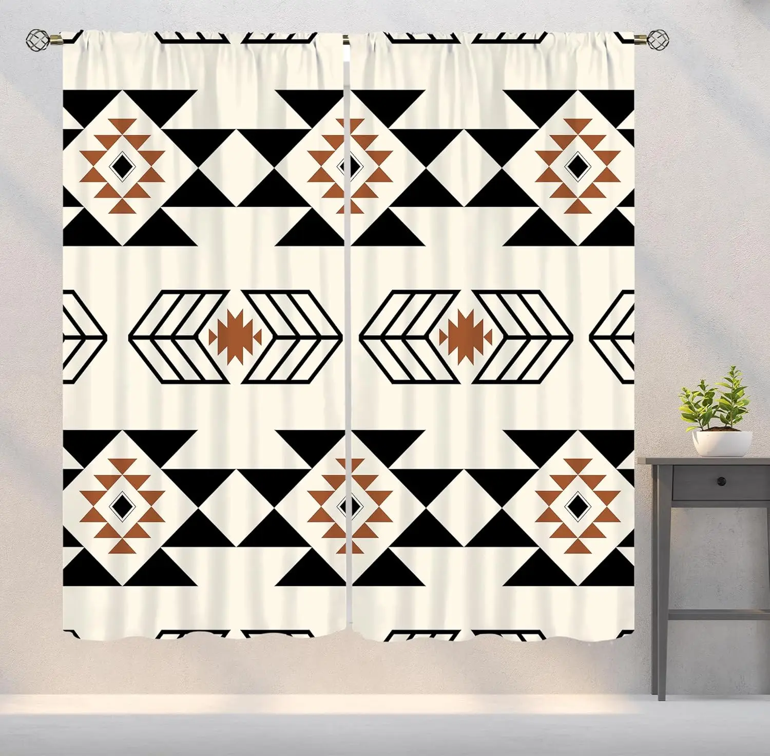 Southwestern Aztec Curtains Abstract Boho Geometric Pattern Rod Pocket Retro Beige Window Treatment for Living Room Bedroom