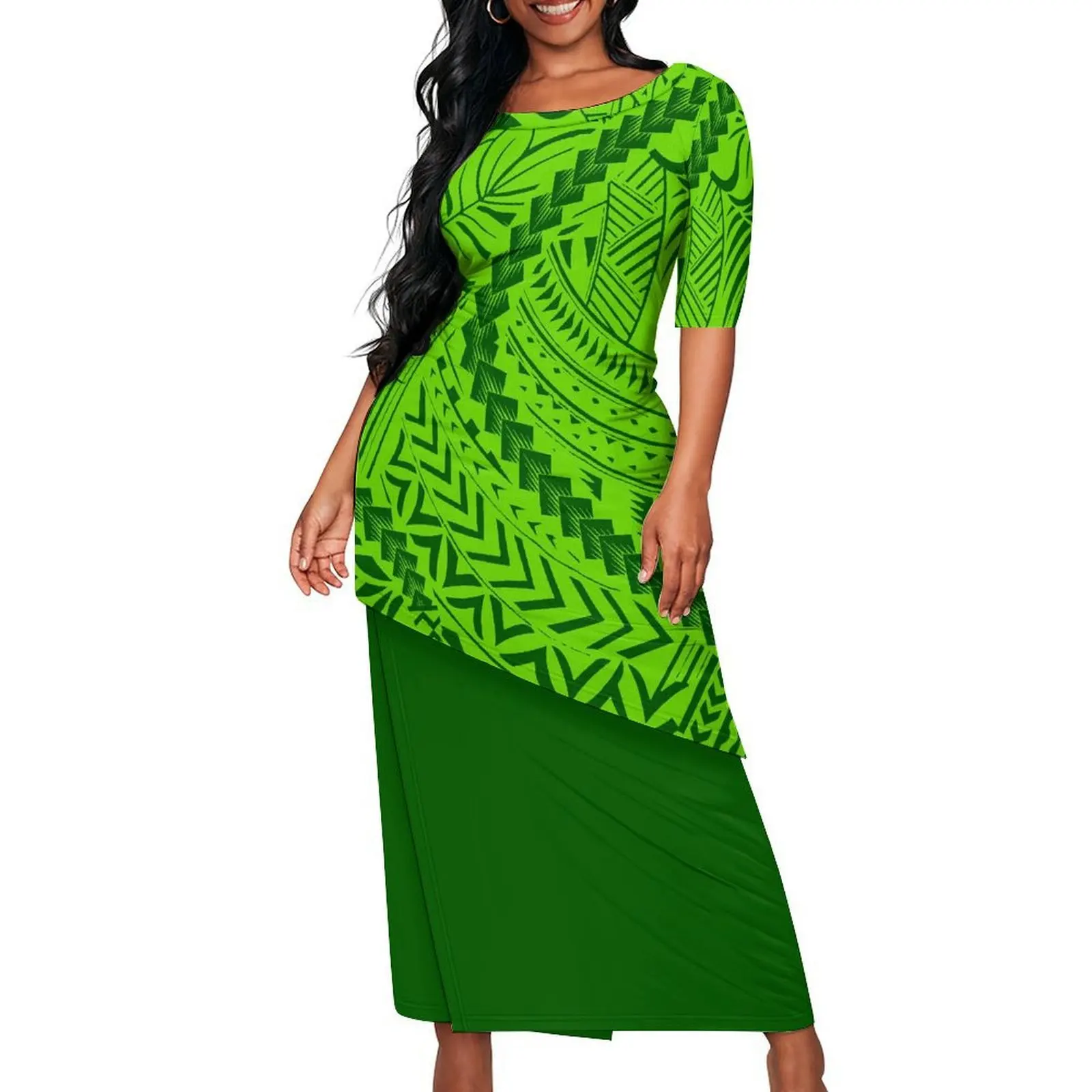 Party Puletasi Round-Neck Polynesian Women'S Mid-Length Sleeve An Ankle-Length Dress  High-Definition Pattern Customization