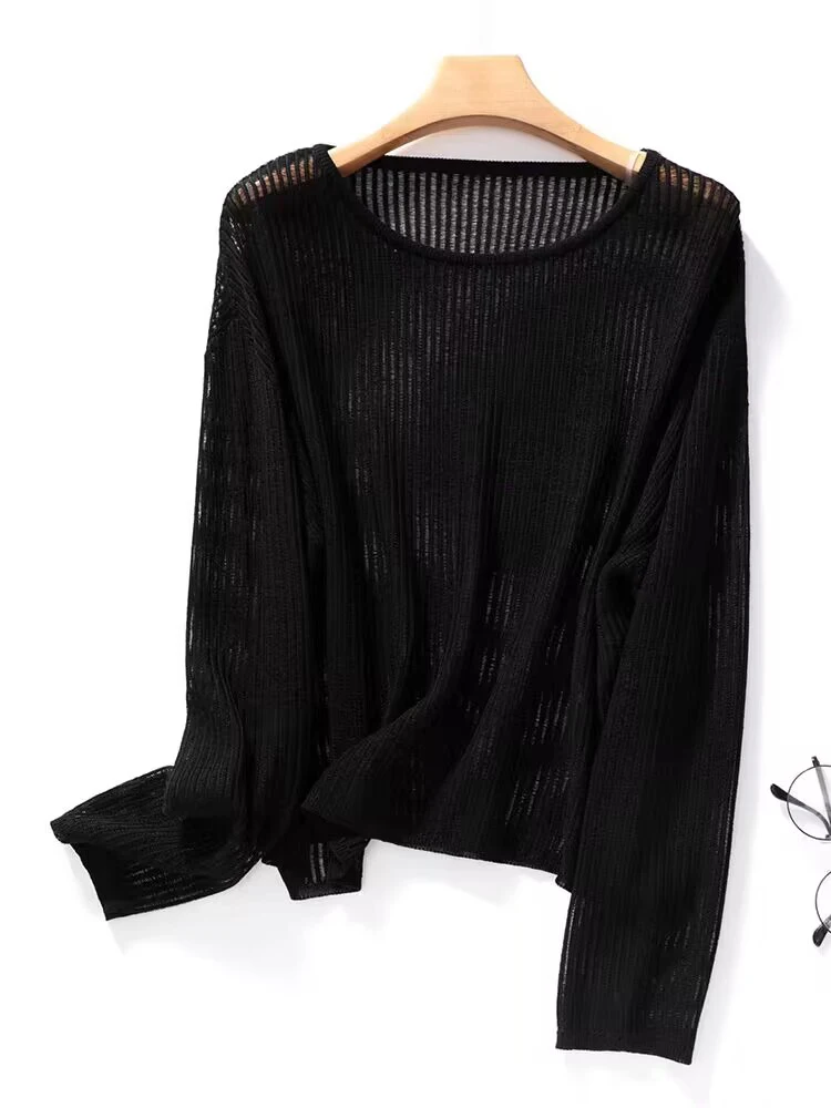 2024 Knitted Flax Loose Thin Women Sweaters See-through Jumper Pullover Long Sleeve Casual Pull Shirts Solid Femme Sweater