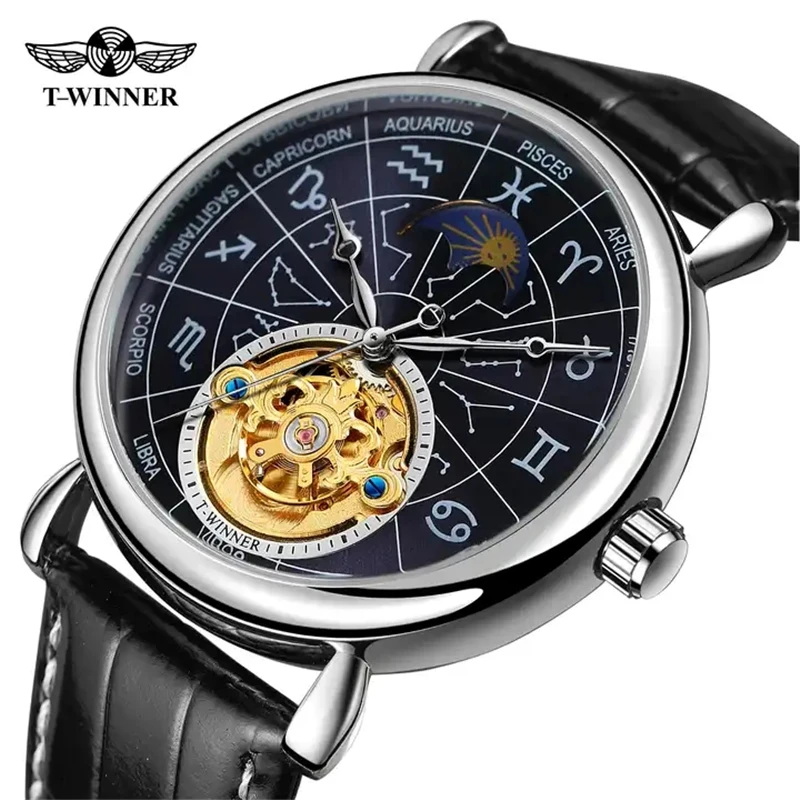 

Fashion Winner Top Brand 8271 Men Automatic Mechanical Tourbillon Military Constellation 3Atm Waterproof Genuine Leather Watches