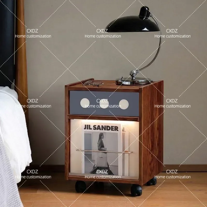 Medieval Style Double Layer Bedside Table with Wheels Movable Nightstand Storage Shelf for Bedroom Living Room Home Furniture
