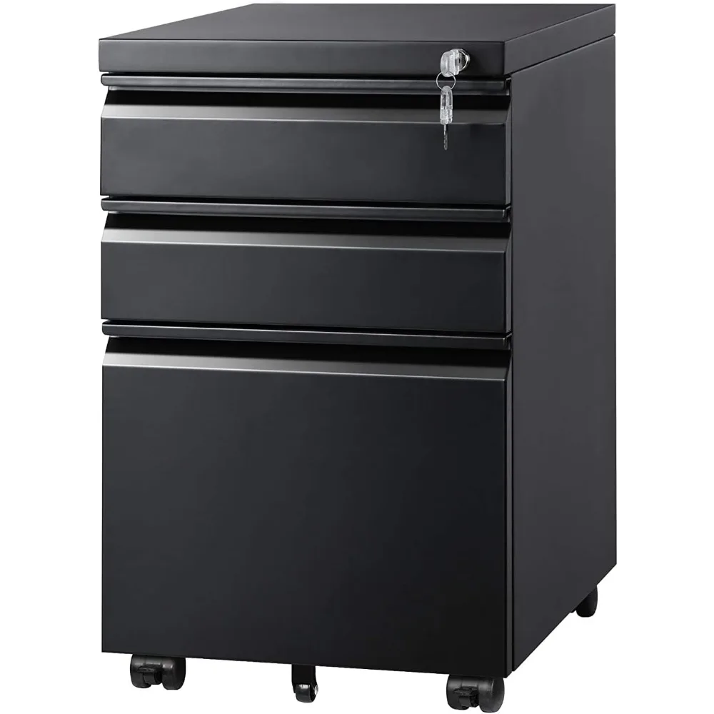 3 drawer mobile file cabinet, under the office desk, fully assembled except for casters, letter/legal size black