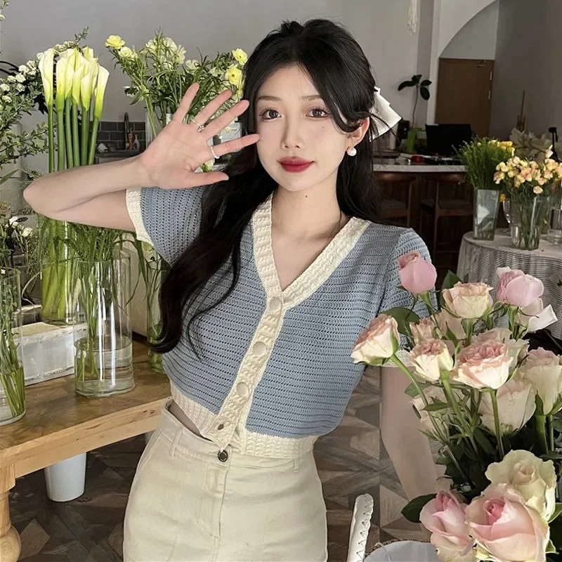 

New 2025 Cardigan Women Summer Korean V-neck Short-sleeved Knitwear Office Lady Daily Tops Woman