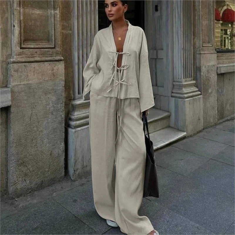

Autumn New Lace-up 2 Piece Set 2025 Women's Fashion Style Casual Loose Versatile Solid Color V-neck Shirt Straight Leg Pants Set