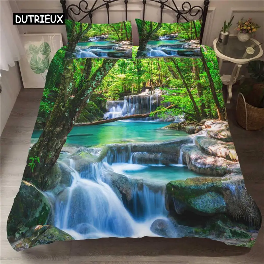 Waterfall Duvet Cover Set Natural Scenery Quilt Cover Pillowcase Landscape Forest Waterfall Queen Size Polyester Bedding Set