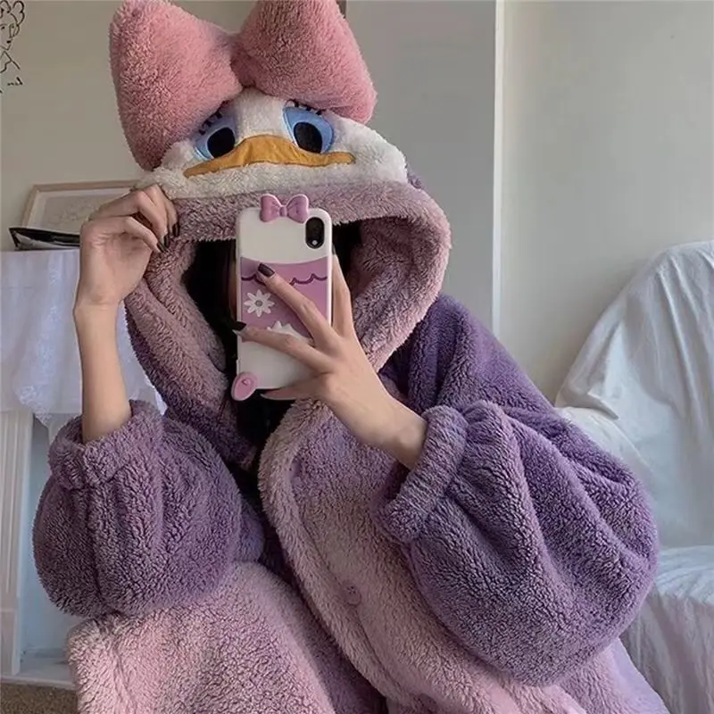 Cartoon Disney Couple Pajamas Donald Duck Winter Coral Fleece Hooded Pants Cotton Two-piece Set Male/Female Couple Pajamas