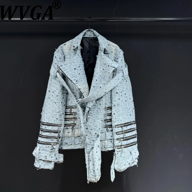 WVGA Spring Autumn New Men's Vintage Trendy Denim Jacket Turn-down Collar Metal Zipper Decoration Niche Chic Casual Coats W27611