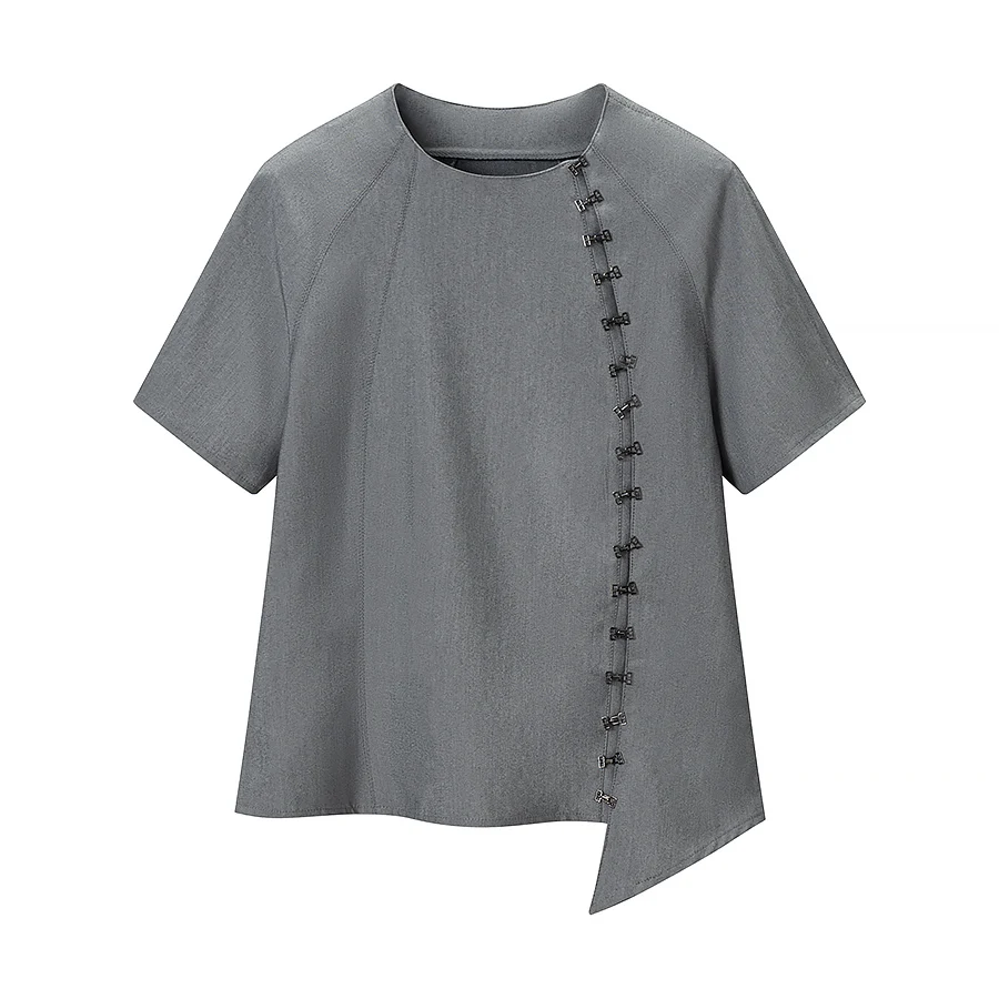 

Женская приталенная рубашка весна-лето с винтажным дизайном, асимметричными пуговицами, круглым вырезом, коротким рукавом, из охлаждающего полиэфирного волокна