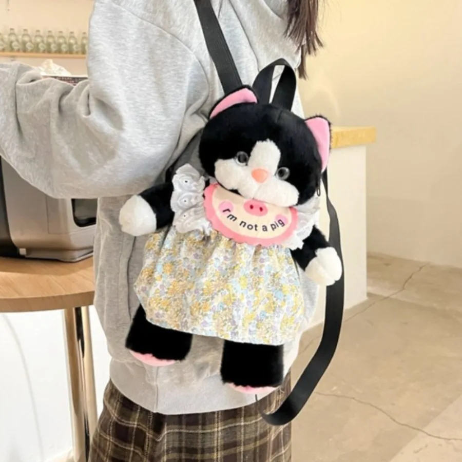 Kawaii Cat Plush Backpack Simulation Black Cat Plushie Toy Doll Women Fashion Crossbody Shoulder Bags Christmas Gift