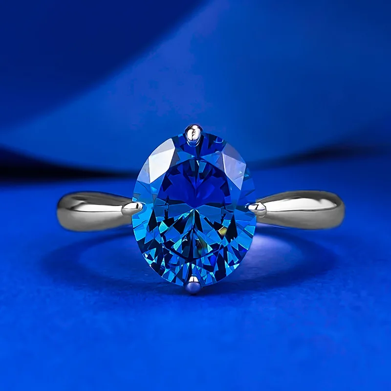 S925 Silver Ring Blue 8 * 10mm Elliptical Zircon Female Inlay Simple Ring Engagement Jewelry