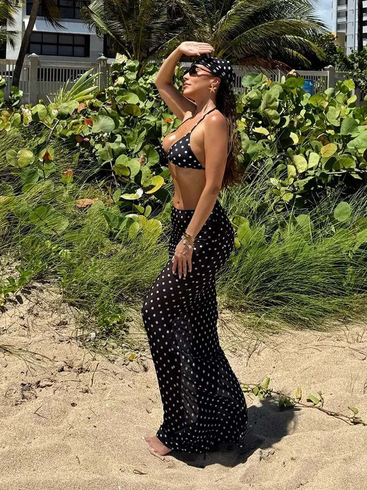 Halter Dot 3 Pieces Sexy Bikini With Long Skirt Women Swimsuits Female Swimwear Bathing Suit Swimming Suits Beachwear Biquini