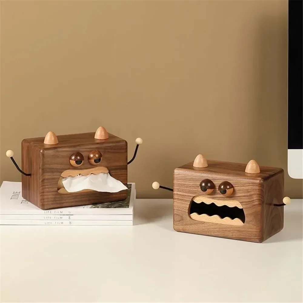 Little Walnut Wooden Tissue Box for Kitchen Cute Monster Dining Room Living Room Tissue Case Napkin Holder Home Decoration Gift