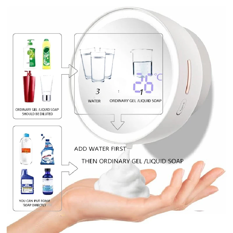 Automatic Foam Soap Dispenser Fill Light Dispenser Bottle with Cosmetic Mirror Wall-Mounted Hand Washing Machine For Bathroom