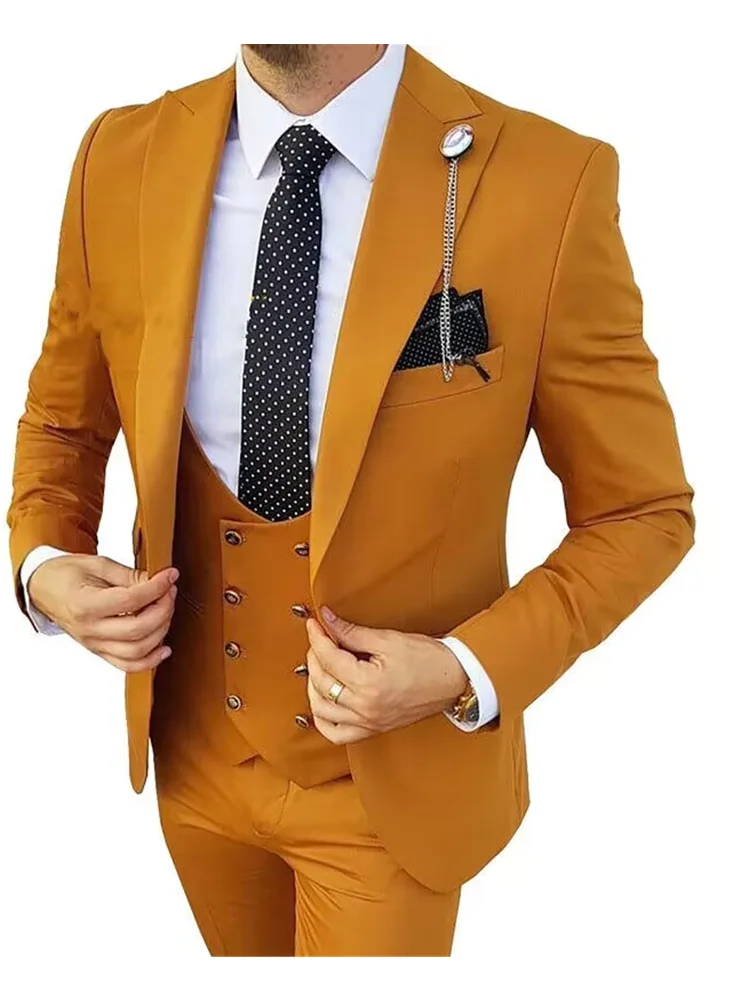 Formal Men Suits for Wedding Party Business Orange Peak Lapel Slim Fit 3PCS Groom Tuxedo(Blazer+Vest+Pants)Fashion Costume Homme