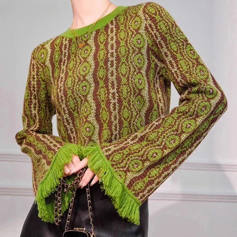 

Осенний женский винтажный жаккардовый свитер с геометрическим принтом, элегантный топ с круглым вырезом и кисточками, новый вязаный джемпер с расклешенными рукавами