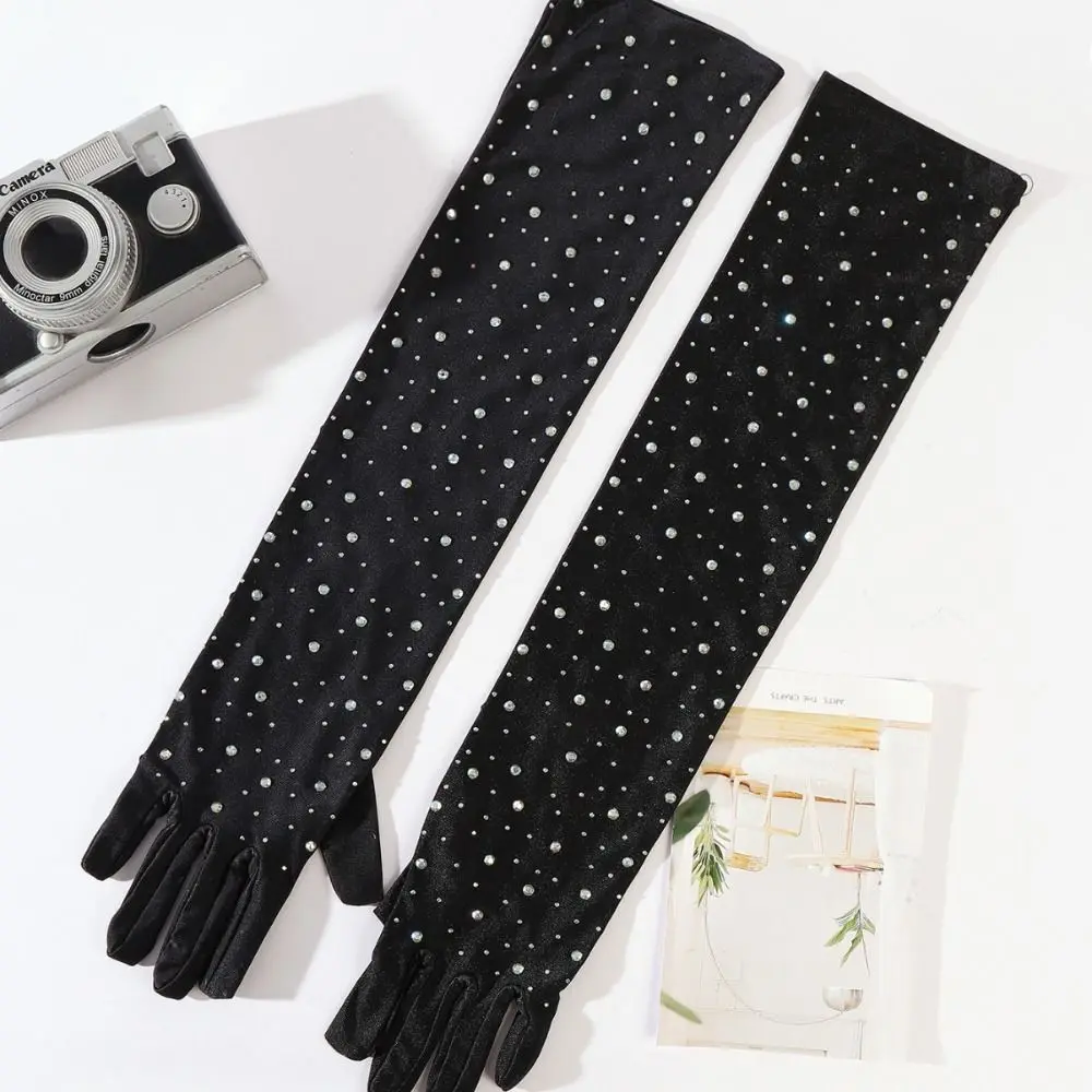Retro Black White Mesh Gloves Stretchy Full Finger Fishnet Gloves Rhinestone Decoration Breathable Sheer Tulle Gloves For Women