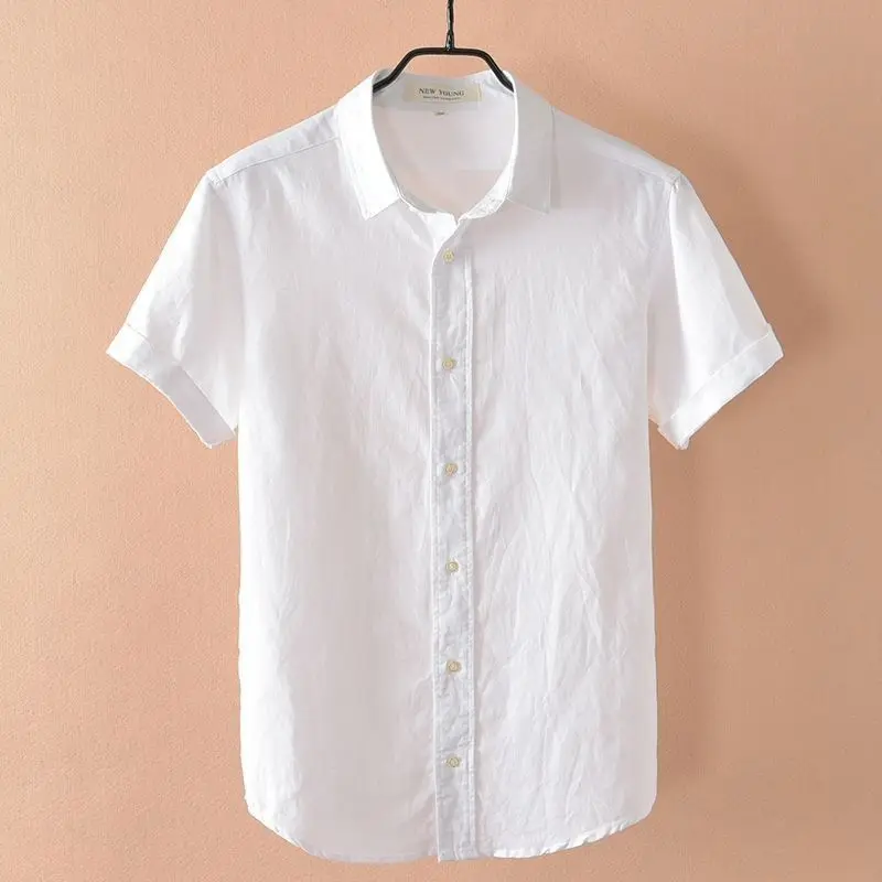 Breathable Linen Shirt Men's Short-sleeved Slim Bodysuit Thin Lapel Youth Casual White Shirt