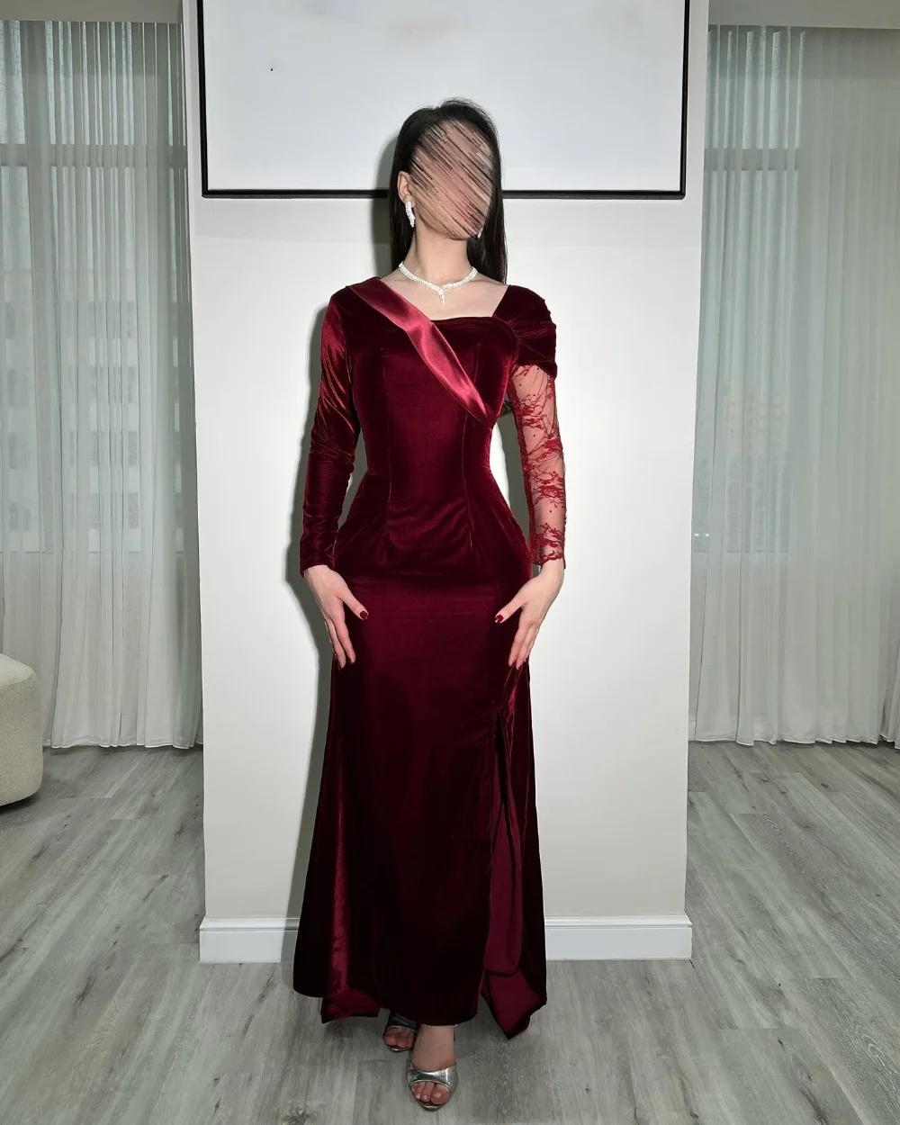 Customized Sexy Fashion Velour Pleat Lace Ruched Mermaid Square Neck Midi Dresses Evening Dresses Exquisite Sizes Available