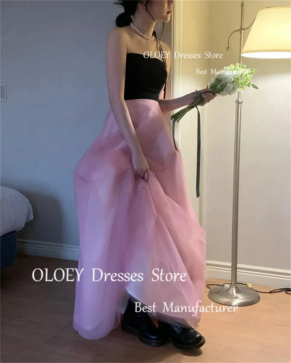 OLOEY Simple Black And Pink Korea Evening Dresses For Wedding Party Strapless Floor Length Prom Formal Occasion Dress Customized