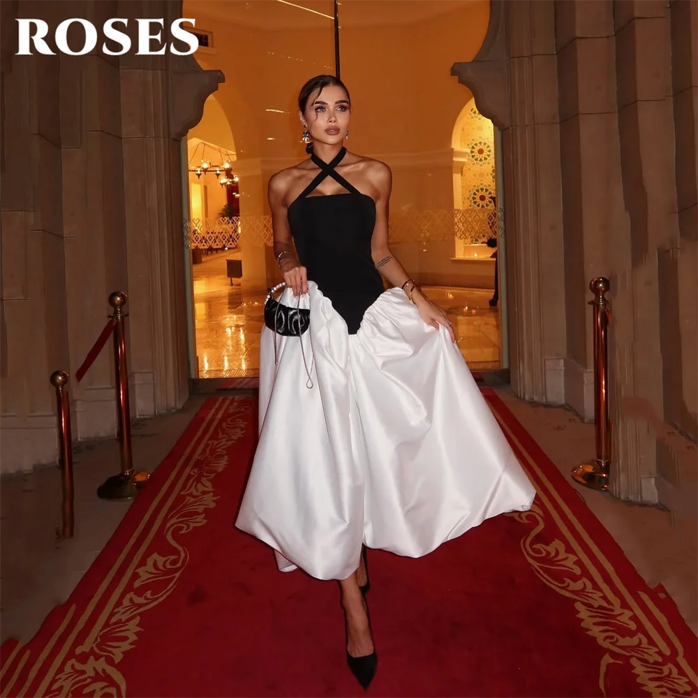 

ROSES Black-White Prom Dress Crisscross Halter Celebrity Dress Voluminous Satin Women's Evening Dresses Formal Gown Customized