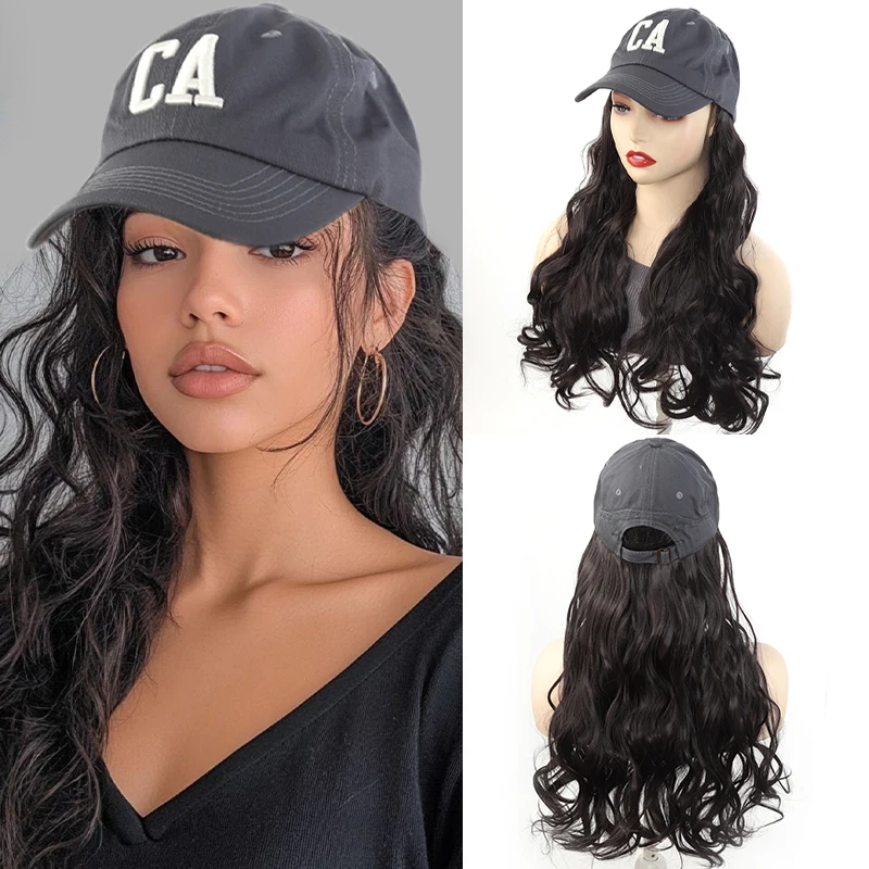 

17.7 inch women's long curly hair wig cap, new summer baseball cap, natural simulated hair, big wave wig cap, synthetic material
