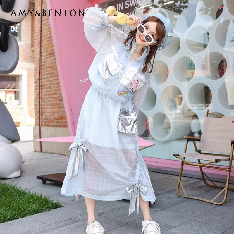 

Summer Sports Lace-up Bow Pocket Women's Skirt New Design Drawstring Straight Light Blue Irregular Medium Long Skirts Ladies