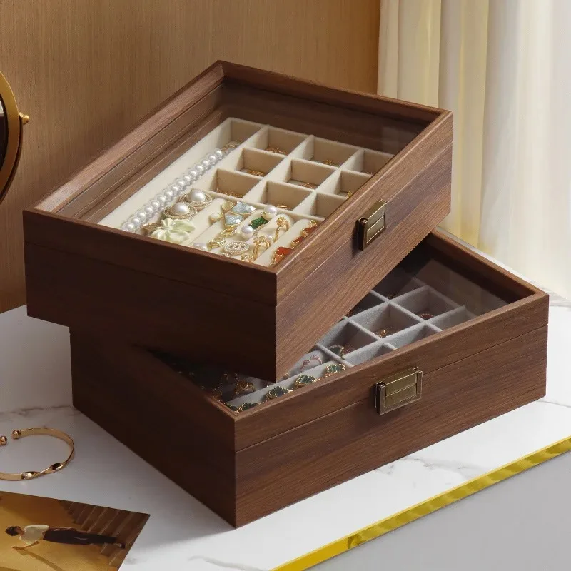 Walnut Wooden Jewelry Box Glass Lid Multi-grid Storage Case for Earrings Rings Necklaces  Tools