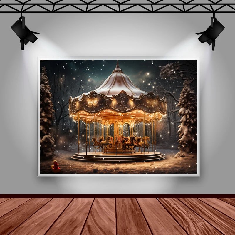 Mocsicka Christmas Amusement Park Carousel Background For Kids Portrait Photography Winter Forest Snowflake Decoration Banner