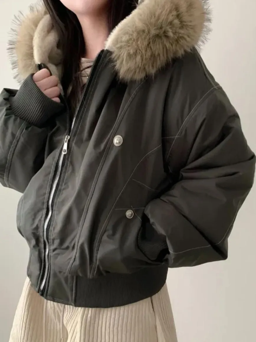 

Korean Sle Winter High-End Feeling Fur Collar Jaet Loose Long Sve Cotton Coat for Women Ele American Workwear Trendy