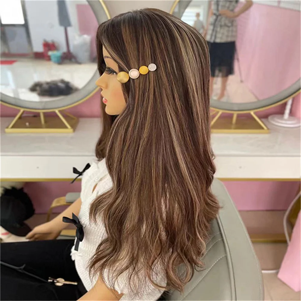 

Натуральный коричневый парик с блонд-отливами, парик с кружевной передней частью, высококачественные синтетические волосы, предварительно выщипанный, женский парик, готовый к носке